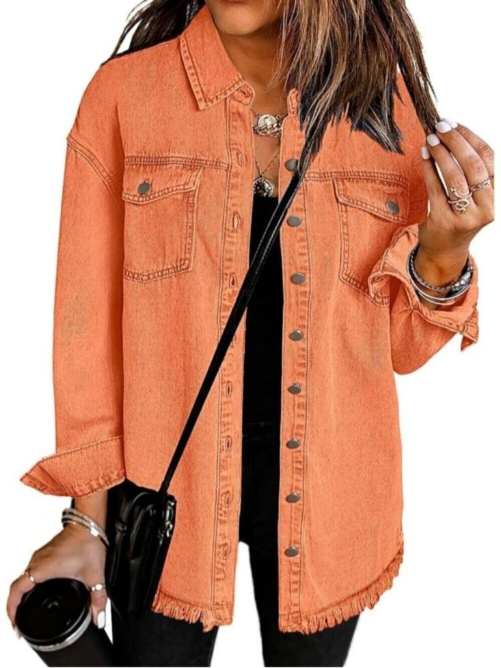 Womens Orange Oversized Drop Shoulder Button Up Frayed Raw Hem Denim Jean Jacket